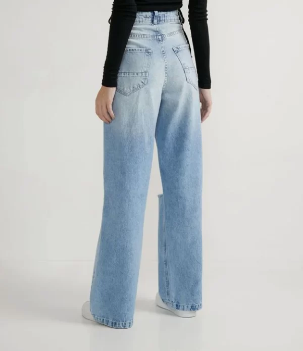 Calça Wide Leg Jeans Com Puídos E Rasgos No Joelho Azul