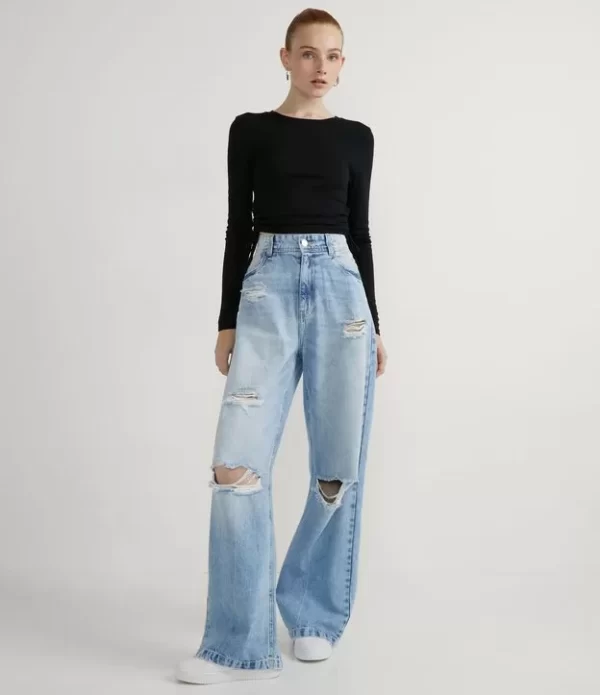 Calça Wide Leg Jeans Com Puídos E Rasgos No Joelho Azul